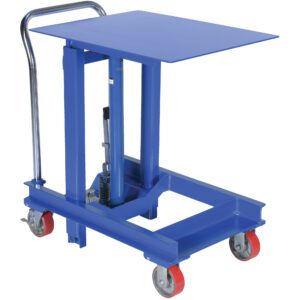 The Vestil Ergo Manual Die Table 60 In features a blue hydraulic lift, sturdy metal handle, and vibrant red caster wheels, ideal for efficiently lifting heavy items up to 60 inches.