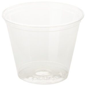 The 9 oz. Dixie® Crystal Clear Plastic Squat Cup, offered in cases of 1000, features a smooth, slightly tapered design and is elegantly set against a plain white background.