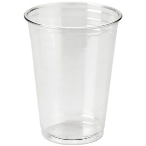 The MH-USA Dixie Crystal Clear Plastic Cups - 10 oz. - 500 per case stand upright against a white background, showcasing their pristine design. These durable and stylish cups are perfect for any event requiring both form and function.