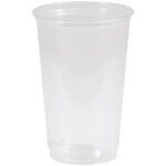 A Dixie® Crystal Clear Plastic Cup - 20 oz. with a slightly tapering design stands empty and upright against a plain white background, showcasing its perfect blend of practicality and elegance. Available in cases of 1000.
