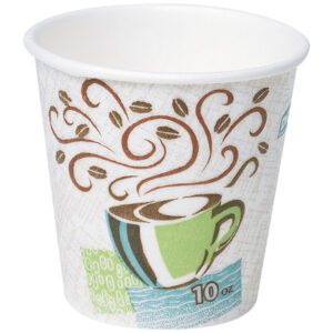 A 10 oz paper cup with a green coffee cup, steam, and coffee beans design set against a textured gray and light color background mirrors the premium Dixie® PerfecTouch® Insulated Cups.