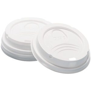 The image shows two white Dixie® PerfecTouch Cup Lids for 8 oz. cups, featuring a curved ridge and small drinking spout, slightly off-center on a plain white background. These lids come in a practical and convenient case of 1000.