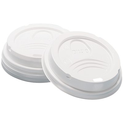 DIX8LID.jpg The image shows two white Dixie® PerfecTouch Cup Lids for 8 oz. cups, featuring a curved ridge and small drinking spout, slightly off-center on a plain white background. These lids come in a practical and convenient case of 1000.
