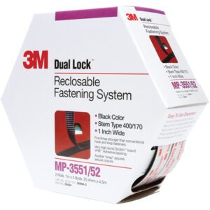 1x15 Black 3M™ MP3551 Dual Lock™ Mini Pack Fasteners, stem type 400/170, features a clear packaging strip with product details for all your fastening needs. Includes one roll.