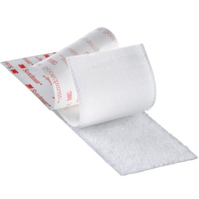 DK3M159.jpg A 1 x 150 Loop White 3M™ SJ3571 Scotchmate™ Fastener (3 Rolls/Case) is partially peeled, revealing its soft white texture and sticky side with red text. Set against a white background, it highlights its adaptable design.