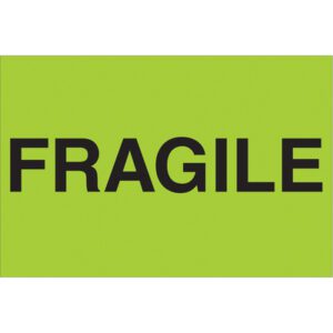 A fluorescent green sign resembling MH-USA 2 x 3 Fragile (Fluorescent Green) Labels shows the word FRAGILE in bold black letters.