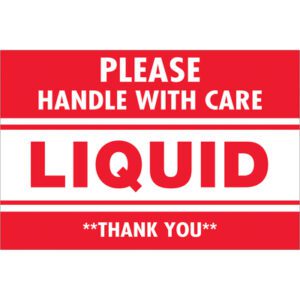 The MH-USA 2 x 3 labels feature bold red PLEASE HANDLE WITH CARE text, with LIQUID in larger font and a courteous THANK YOU. Each roll contains 500 labels designed for ensuring gentle handling.