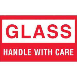 A red and white sign reading GLASS in bold, with HANDLE WITH CARE below, matches the MH-USA 3 x 5 - Glass - Handle With Care Labels (500/Roll).