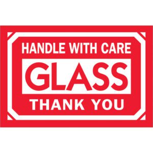 Red and white sign with bold text saying HANDLE WITH CARE GLASS THANK YOU is reminiscent of MH-USAs 2 x 3 labels, Glass - Handle With Care - Thank You, which come in a roll of 500.