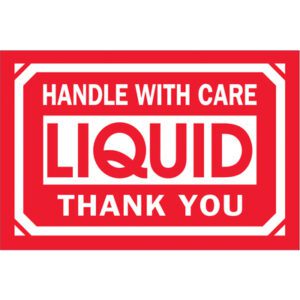 Red label with white text, HANDLE WITH CARE LIQUID THANK YOU, framed in white borders. Its available in a roll of MH-USA 2 x 3 labels (500/Roll).