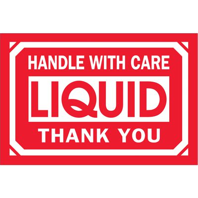 DL1063.jpg Red label with white text, HANDLE WITH CARE LIQUID THANK YOU, framed in white borders. Its available in a roll of MH-USA 2 x 3 labels (500/Roll).