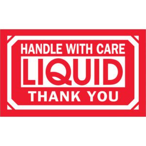 A red and white label with bold text, reading HANDLE WITH CARE, LIQUID, THANK YOU, matches the MH-USA 3 x 5 labels.