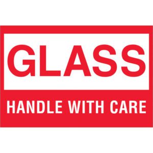 A sign featuring a red border and bold red text stating GLASS and HANDLE WITH CARE on a white background resembles the MH-USA 2 x 3 - Glass - Handle With Care labels available in rolls of 500.