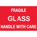 A red sign with white text states FRAGILE GLASS HANDLE WITH CARE, similar to MH-USAs 2 x 3 Fragile - Glass - Handle With Care labels, available in rolls of 500 for your packaging needs.