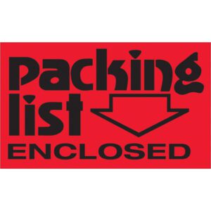 The MH-USA 3 x 5 fluorescent red labels boldly state Packing List Enclosed, featuring a downward-pointing arrow, with each roll containing 500 labels.