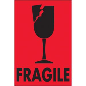 The red MH-USA 2 x 3 label shows a black broken wine glass silhouette with FRAGILE beneath, available in rolls of 500.