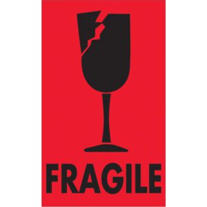 The MH-USA 3 x 5 Fragile (Fluorescent Red) Labels feature a red design with a black broken wine glass silhouette and the bold word FRAGILE underneath for easy identification and safety.