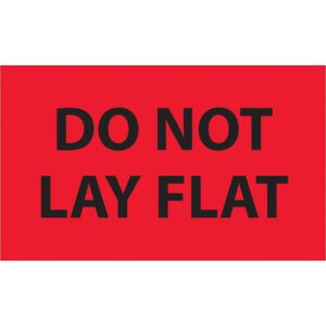 Vivid fluorescent red MH-USA 3 x 5 labels boldly stating DO NOT LAY FLAT offer a clear caution message, ideal for critical placements.