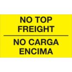 The MH-USA 3 x 5 fluorescent yellow labels feature bold black NO TOP FREIGHT above a line and NO CARGA ENCIMA below. These bilingual labels come in rolls of 500, ensuring clear communication for shipments.