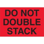 The MH-USA 2 x 3 fluorescent red labels with bold black text read Do Not Double Stack and come in rolls of 500, ensuring organized and safe storage areas.