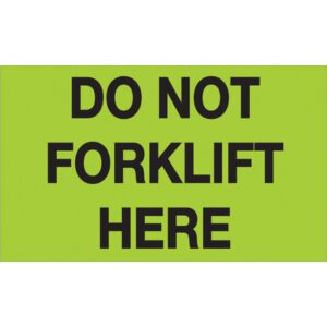 The MH-USA 3 x 5 Do Not Forklift Here labels feature a fluorescent green background for visibility, with each roll containing 500 labels to mark restricted areas effectively.