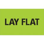 A vibrant fluorescent green rectangle displays the text LAY FLAT in black, like MH-USAs 3 x 5 labels, packaged with 500/roll.