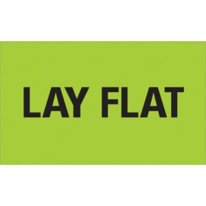A vibrant fluorescent green rectangle displays the text LAY FLAT in black, like MH-USAs 3 x 5 labels, packaged with 500/roll.