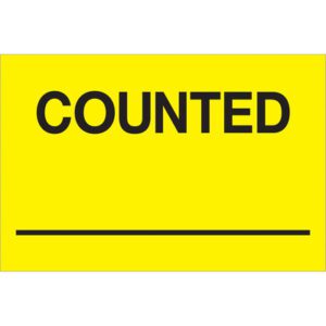 The MH-USA 2 x 3 Counted ___ labels in fluorescent yellow display COUNTED in bold black letters with a horizontal line below, ensuring prominent information visibility. Supplied in rolls of 500.