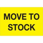A bright yellow sign with bold black text reading MOVE TO STOCK, similar to the MH-USA 2 x 3 fluorescent yellow labels, available in rolls of 500 for efficient stock management.