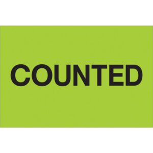 A rectangular sign, akin to MH-USA 2 x 3 Counted (Fluorescent Green) Labels, displays the word COUNTED in bold black uppercase letters centered on a bright green background.