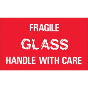 A red sign with white text stating FRAGILE GLASS HANDLE WITH CARE, resembling the MH-USA 3 x 5 Fragile - Glass - Handle With Care labels sold in rolls of 500.