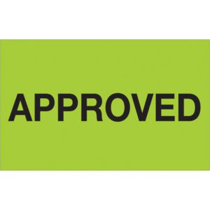The image showcases the word APPROVED in bold black letters, centered on a vibrant fluorescent green background similar to MH-USA 1 1/4 x 2 - Approved (Fluorescent Green) Labels that come in rolls of 500.