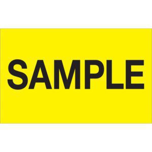 A MH-USA 1 1/4 x 2 fluorescent yellow label displays the word SAMPLE in bold black capital letters at the center.