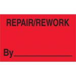 The MH-USA 1 1/4 x 2 fluorescent red labels read REPAIR/REWORK in bold black at the top, with a By line below. Sold in rolls of 500, they provide ample supply for all your repair or rework needs.