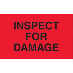 The MH-USA 1 1/4 x 2 Inspect For Damage Fluorescent Red Labels ensure visibility and efficiency, featuring bold black text on a red background. Each roll contains 500 labels for consistent safety checks.