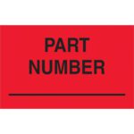 The MH-USA 1 1/4 x 2 fluorescent red labels feature the black text PART NUMBER with a horizontal black line below. Available in rolls of 500, they ensure you have plenty on hand for your needs.