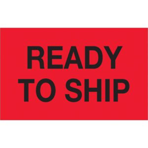 The MH-USA 1 1/4 x 2 fluorescent red Ready To Ship labels (500/roll) feature a vibrant red background with bold black text, making your packages prominent and ready for quick dispatch.