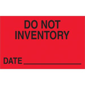 The MH-USA 1 1/4 x 2 labels in fluorescent red feature bold DO NOT INVENTORY text with a DATE line for entries, available in rolls of 500 for all your organizational needs.