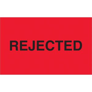 The image showcases bold black text on a vivid red background, similar to MH-USA 1 1/4 x 2 - Rejected (Fluorescent Red) Labels (500/Roll).