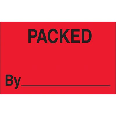 DL1178.jpg The MH-USA 1 1/4 x 2 Packed By fluorescent red labels feature bold black PACKED text and a blank line for customization. This roll includes 500 labels, ensuring you’re well-prepared for your packaging needs.