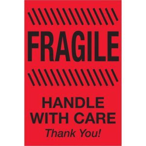 The MH-USA 4 x 6 fluorescent red labels feature bold black text with FRAGILE on top, HANDLE WITH CARE in the center, and Thank You! at the bottom. Diagonal lines accompany FRAGILE, and each roll contains 500 labels.