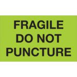 MH-USA 3 x 5 fluorescent green labels display bold black text: Fragile - Do Not Puncture. Each roll includes 500 labels, perfect for clear packaging warnings.