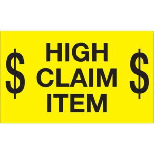 The MH-USA 3 x 5 fluorescent yellow labels feature bold black text, $ High Claim Item $, adorned with dollar signs and come in rolls of 500.