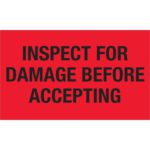 The MH-USA 3 x 5 fluorescent red labels, featuring bold black text Inspect For Damage Before Accepting, offer enhanced visibility for critical shipments. Available in rolls of 500, they are ideal for effective inventory management.