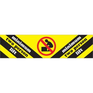 A yellow and black warning sign displays minimum two person lift, with the MH-USA 2 x 8 label, including a crossed-out symbol of a person lifting a box.