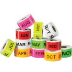 The MH-USA 2 x 3 Easy Order Packs include stacks of colorful labels with bold black letters for months. Each of the 12 rolls, available in pink, orange, yellow, green, and white colors, holds 500 labels representing every month from January to December.