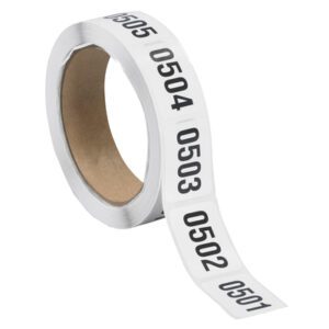 The MH-USA adhesive labels roll, sized 1 x 1 1/2, displays consecutive black numbers from 0501 to 0505. These sequential labels (500/Roll) are wound on a brown core, with some extended for easy access.