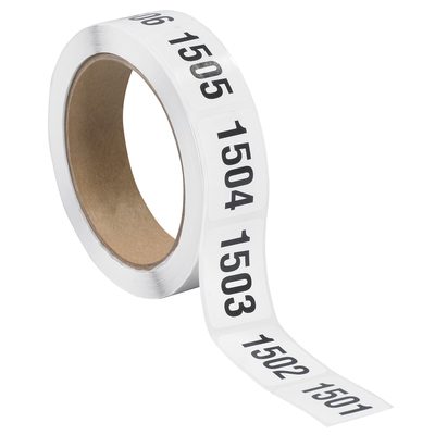 DL1244.jpg A roll of MH-USA 1 x 1 1/2 (1501-2000) consecutive numbered labels partially unrolled on a cardboard core, featuring black sequential numbers with 500 labels per roll.