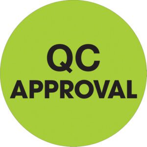 A bold fluorescent green circle with QC APPROVAL in black letters reflects the style of MH-USAs 1 Circle - QC Approval Fluorescent Green Labels (500/Roll).