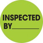 The MH-USA 1 Circle - Inspected By Fluorescent Green Labels come in a roll of 500, featuring a green circle with the text INSPECTED BY and a blank line for customization.